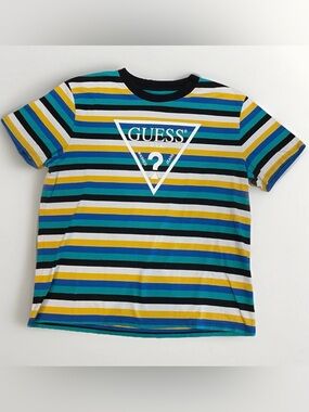 Vintage Guess Striped T-Shirt Size XL 90s Triangle Logo Graphic Green Yellow